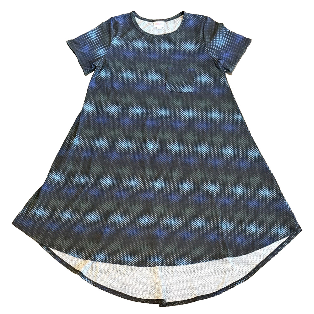 LulaRoe Carly Dress Hi Low Midi Swing Blue Black Print Color Pocket Small